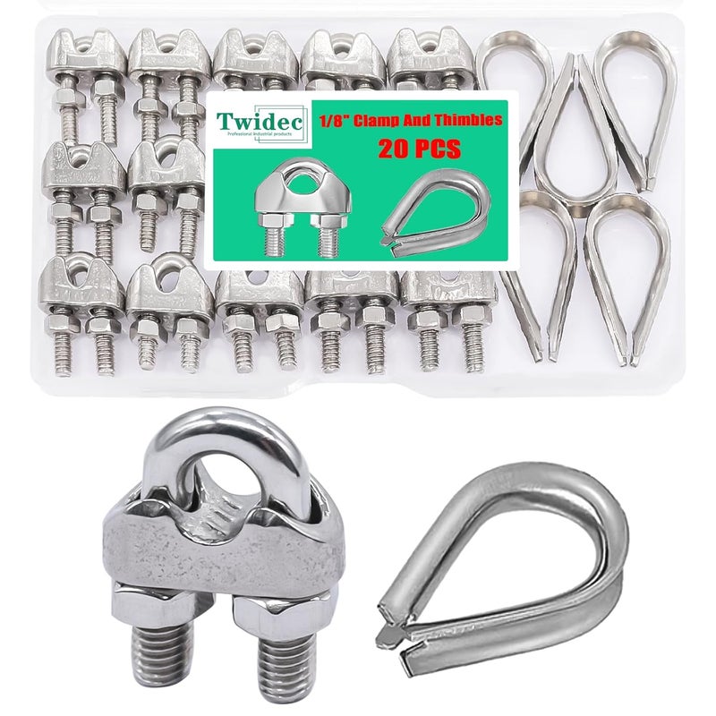 Twidec /20PCS 304 Stainless Steel 1/8" Wire Rope Cable Clip Clamp and Stainless Steel Thimbles for Wire Rope Rigging Tent Rope Guardrail System - Image 1